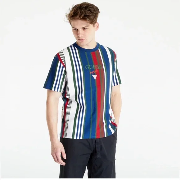 Men’s S & M Guess Originals Pat Vertical Striped Tee- Relaxed Fit - Unisex - Picture 3 of 14